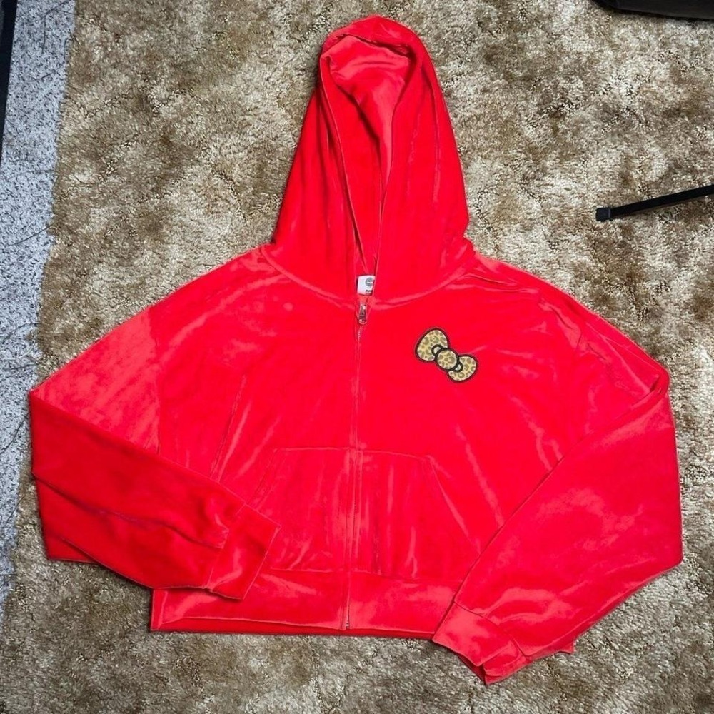Hello Kitty Sanrio Y2K‎ Red Velour Cropped Leopard Print Jacket Size XL